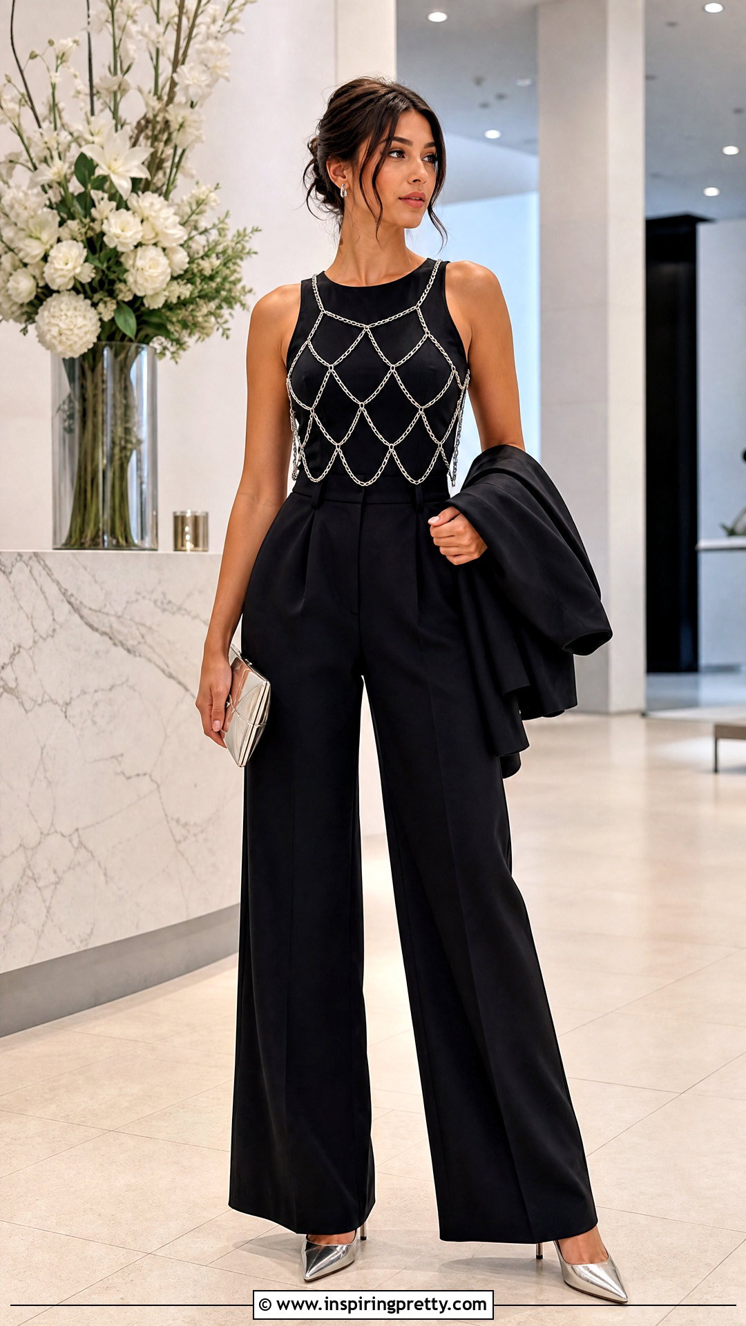 Chain Top With Tailored Jumpsuit - 50 chain top outfit ideas