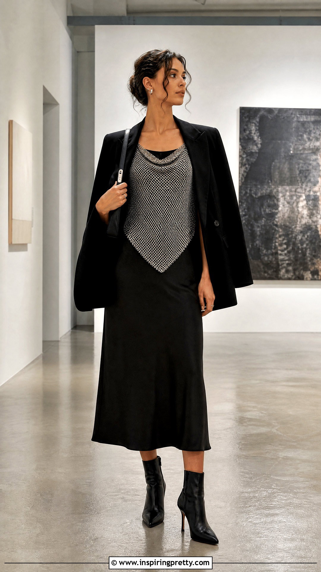 Chainmail Top Over A Black Slip Dress - 50 chainmail top outfit ideas