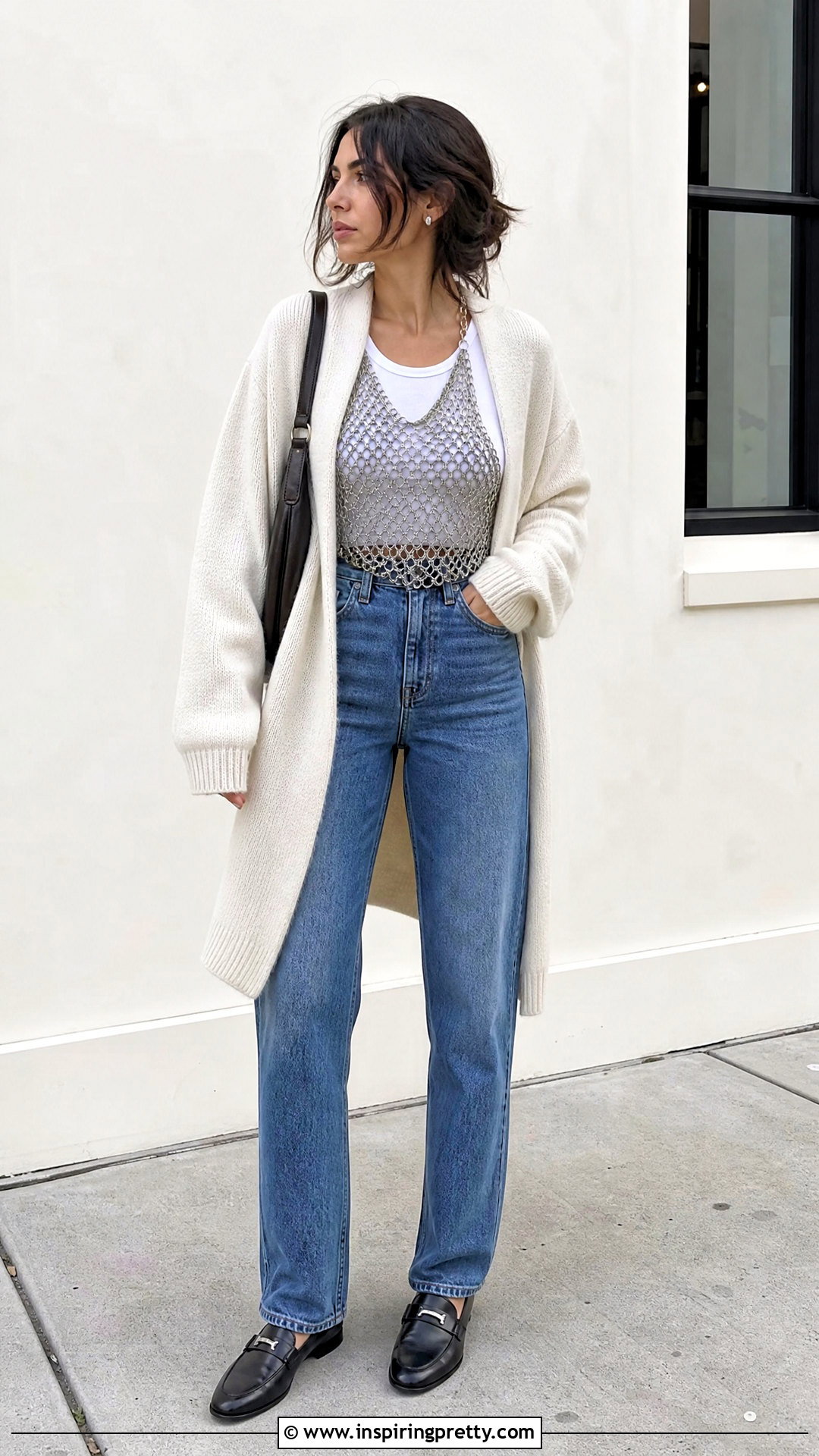 Chainmail Top With A Cardigan And Jeans - 50 chainmail top outfit ideas