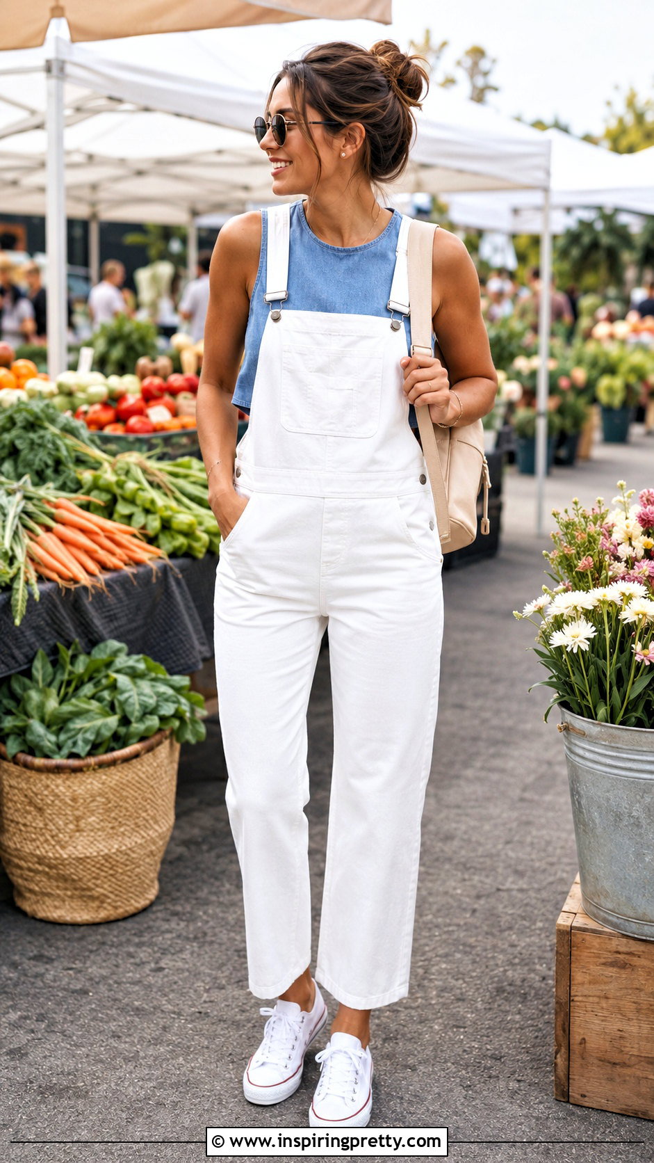 Chambray Crop Top With White Overalls - 20 chambray crop top outfit ideas