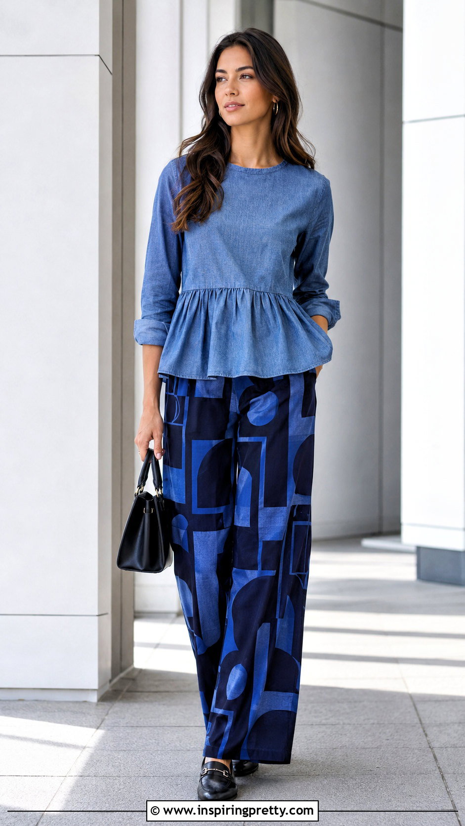 Chambray Peplum Top With Printed Pants - 20 Chambray Peplum Top outfit ideas