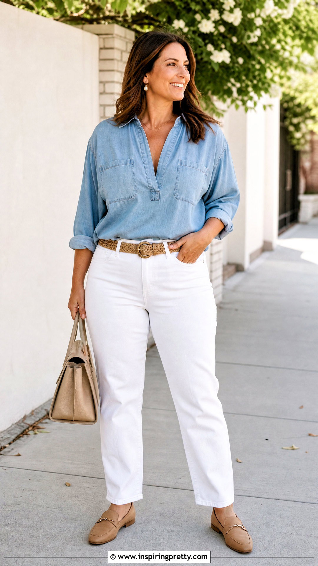 Chambray Popover With White Jeans - 50 busty women tops outfit ideas
