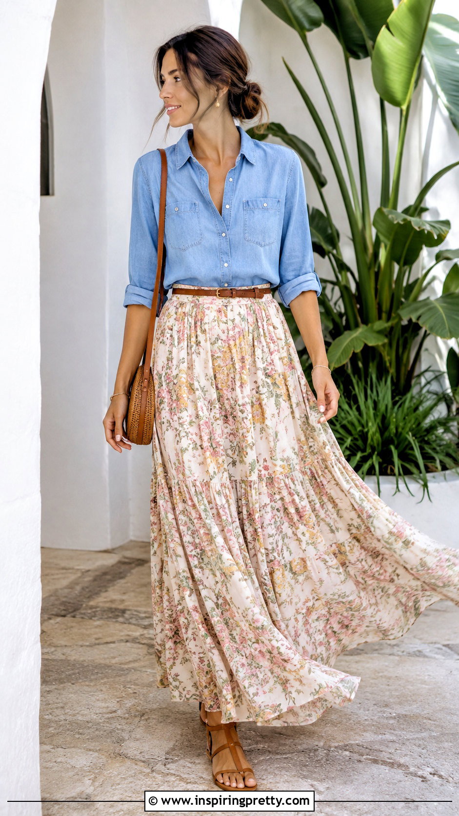 Chambray Shirt And Printed Maxi Skirt Outfit - 50 must have tops outfit ideas