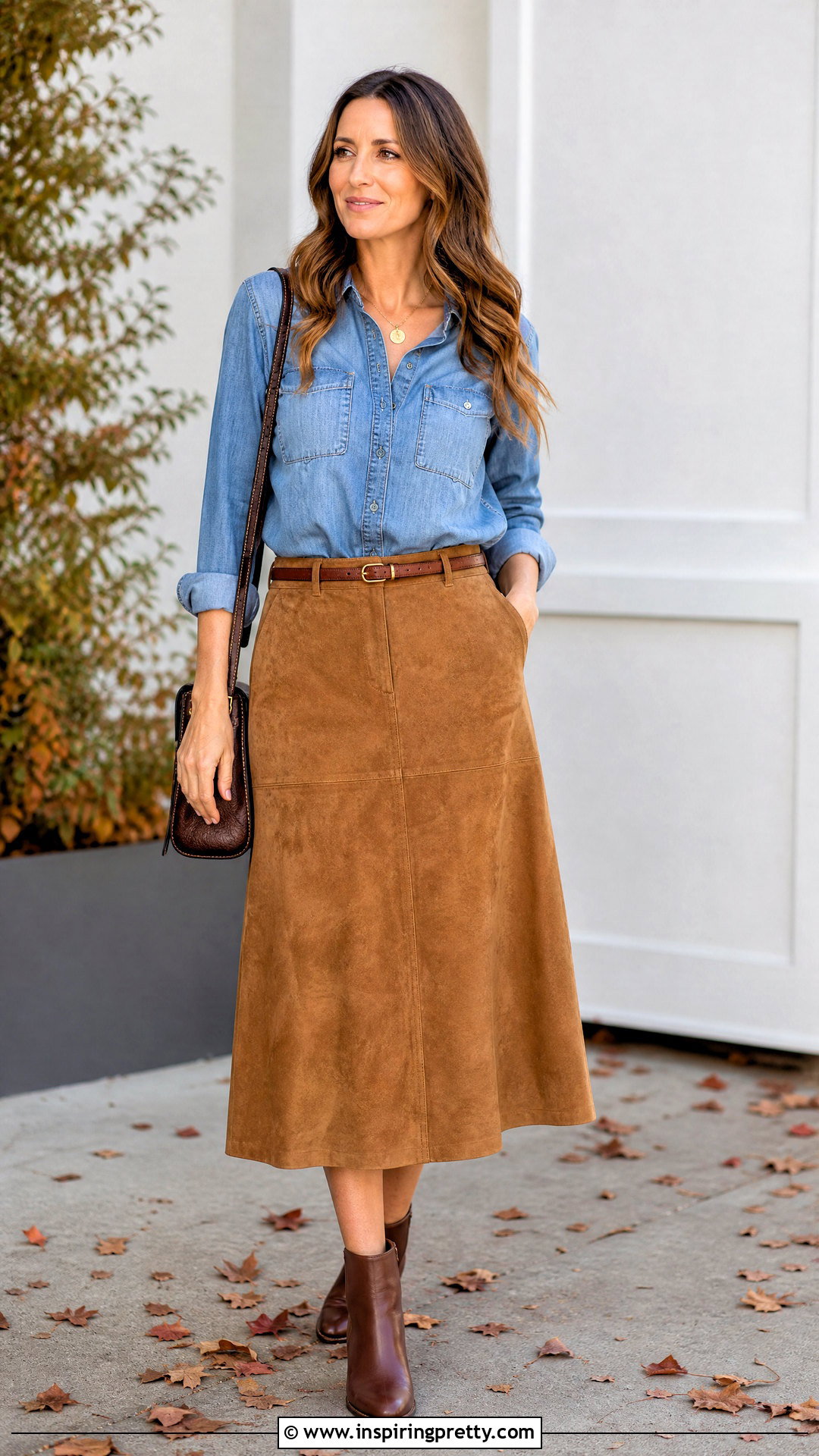 Chambray Shirt And Suede Long Skirt Outfit - 50 long skirt and top outfits