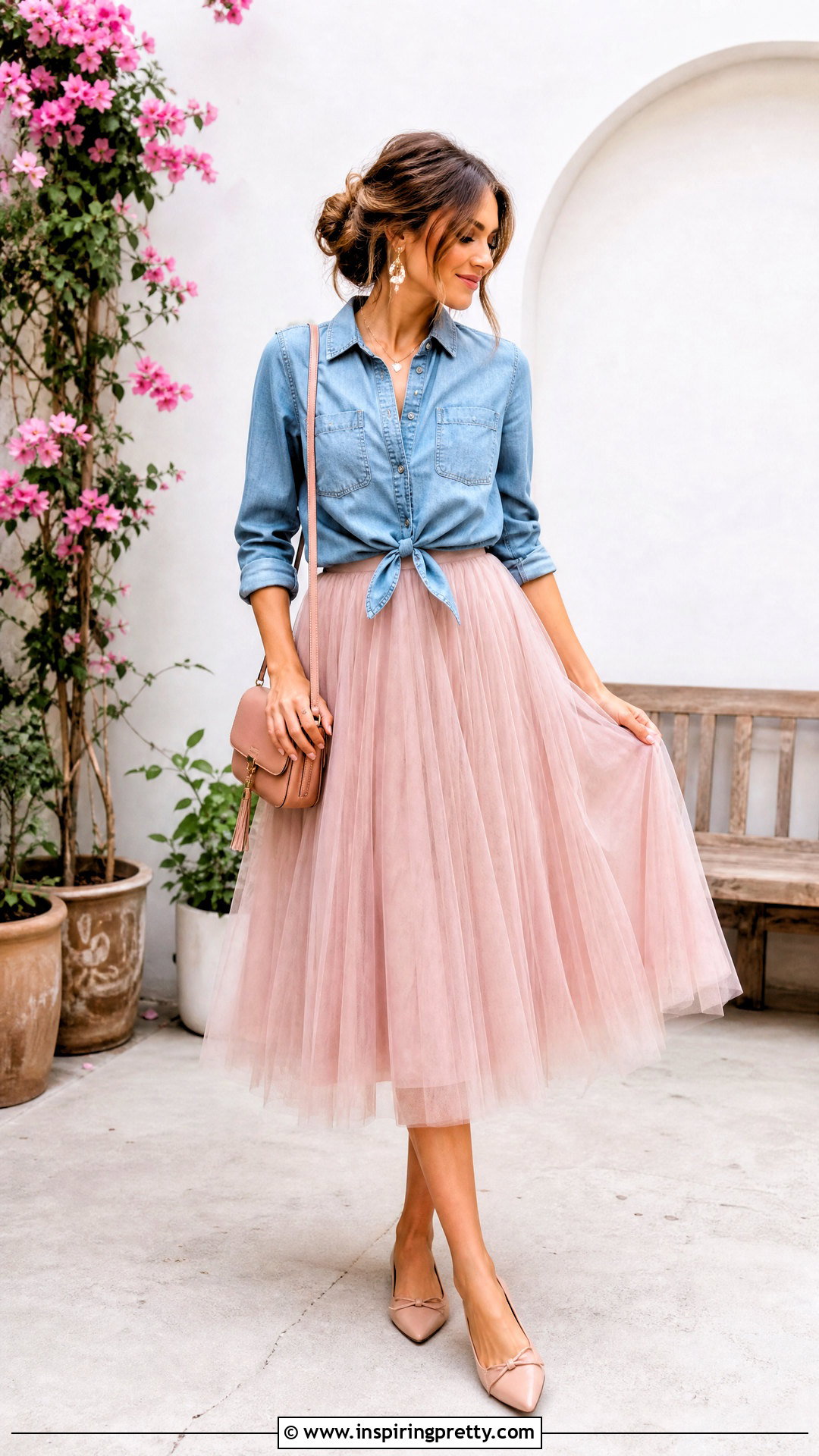 Chambray Shirt And Tulle Midi Skirt Outfit - 50 skirt and top outfits