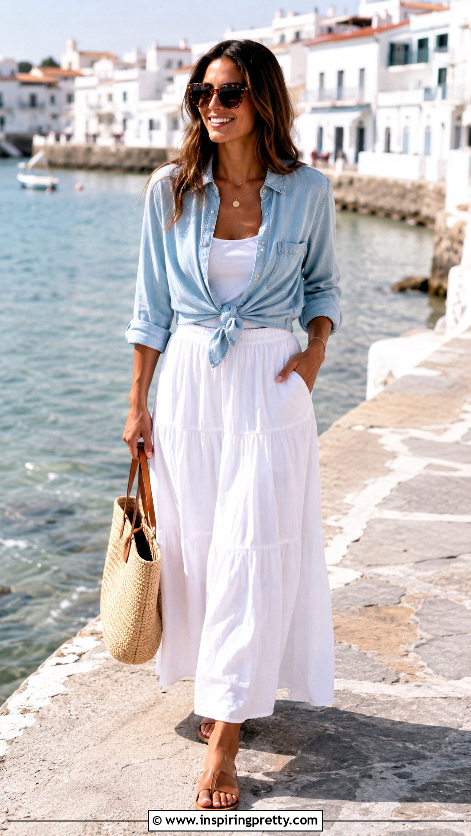 Chambray Shirt And White Maxi Skirt Outfit - 50 top and skirt outfit ideas