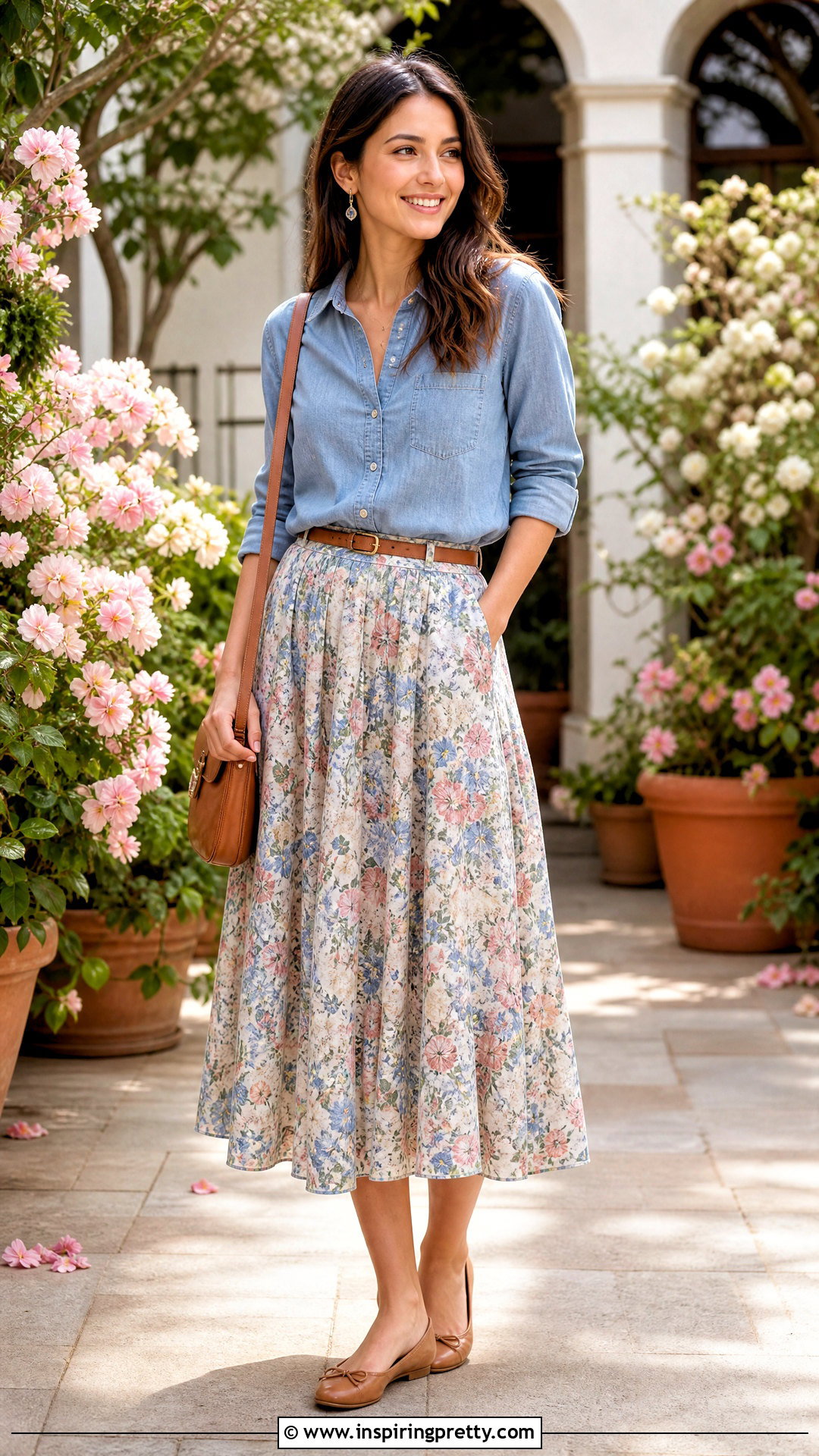 Chambray Shirt With Floral Midi Skirt Outfit - 50 denim tops outfit ideas for women