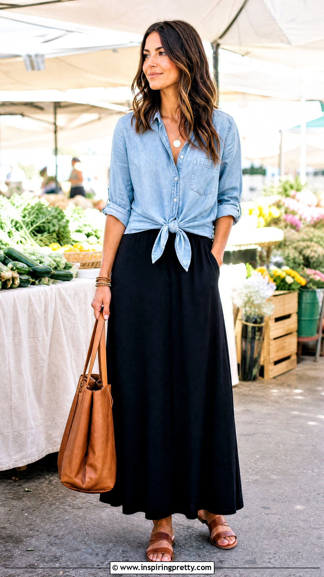 Chambray Shirt With Long Black Skirt And Brown Sandals - 25 Tops To Go With Long Black Skirts