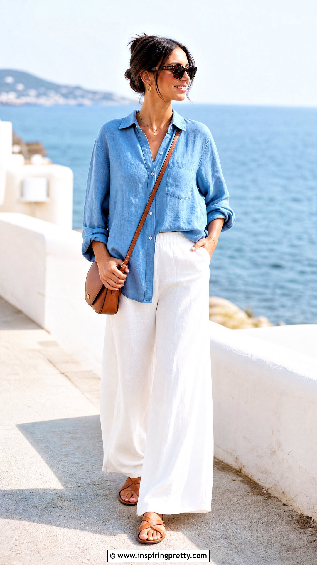 Chambray Top With White Palazzo Pants - 50 modest summer tops outfit ideas