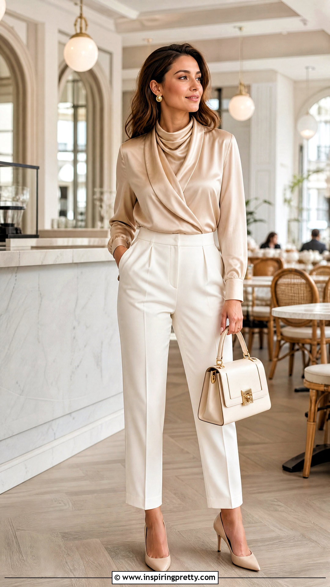 Champagne Blouse With Ivory Trousers - 50 fancy top outfit ideas