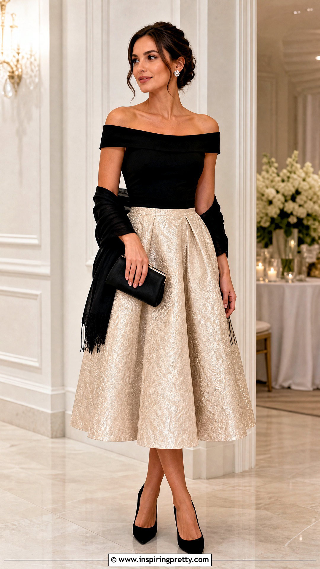 Champagne Brocade Skirt With Black Off Shoulder Top - 50 brocade skirt and top outfit ideas