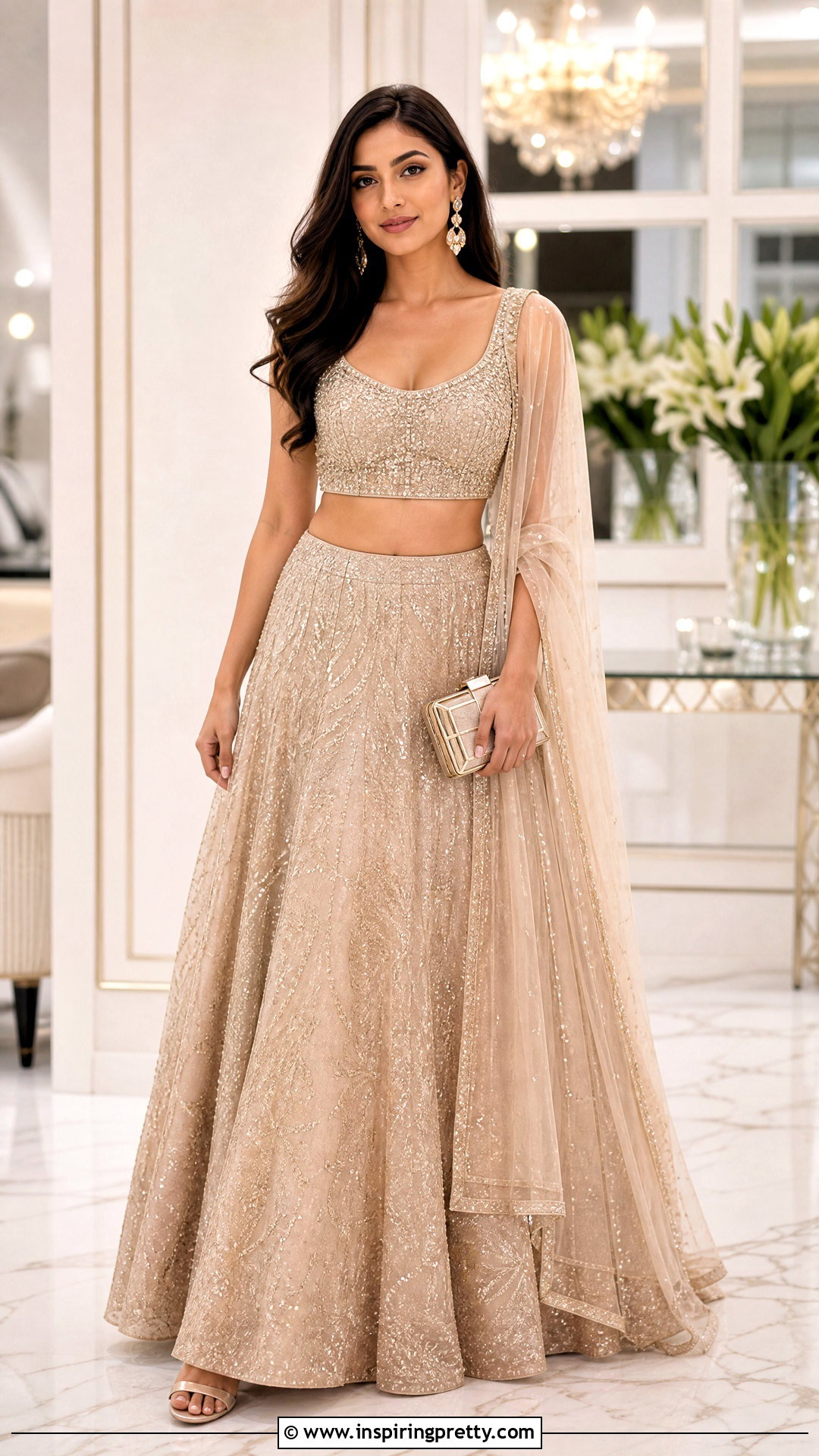 Champagne Crop Top Lehenga - 50 crop top lehenga outfit ideas