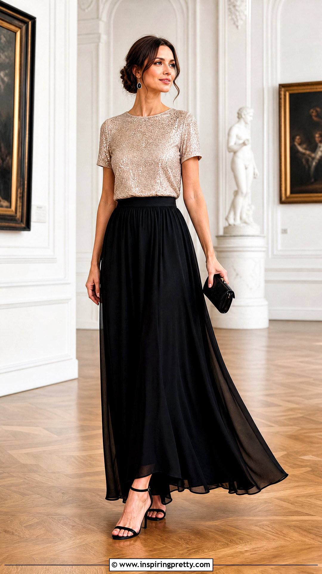 Champagne Glitter Top With Black Maxi Skirt - 20 ladies glitter tops outfit ideas