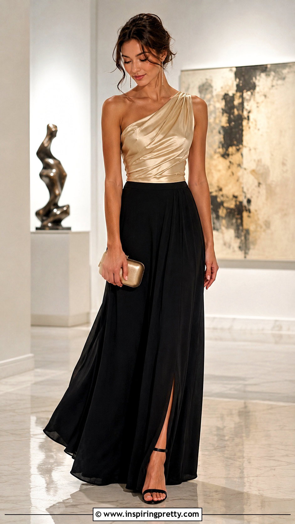 Champagne Gold Top With Black Maxi Skirt - 20 champagne gold tops outfit ideas