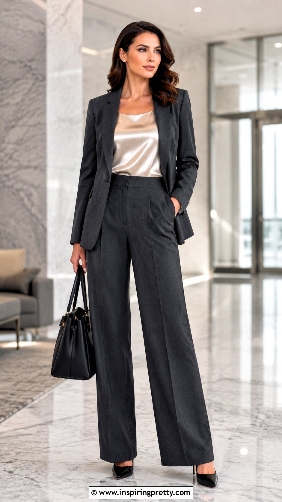 Champagne Gold Top With Charcoal Suit - 20 champagne gold tops outfit ideas