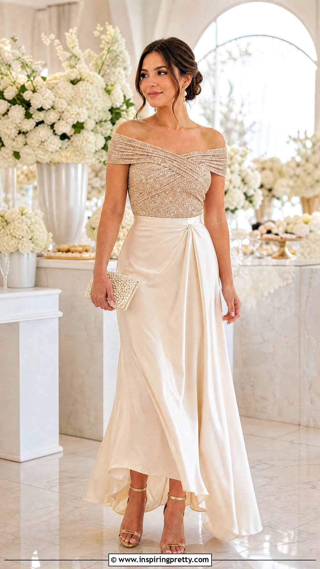 Champagne Off The Shoulder Sparkly Top With Cream Maxi Skirt - 25 off the shoulder sparkly top outfit ideas