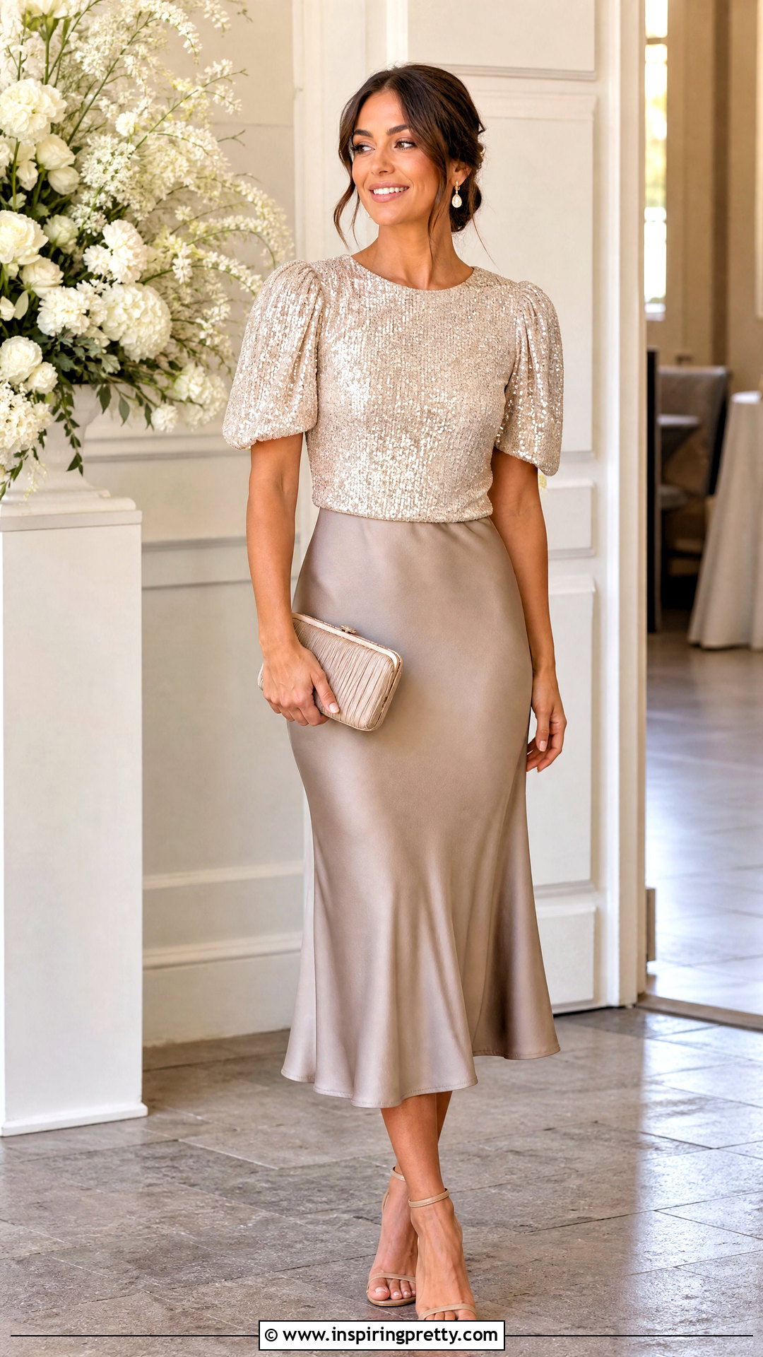 Champagne Puff Sleeve Sequin Top With Satin Midi Skirt - 20 puff sleeve sequin top outfit ideas