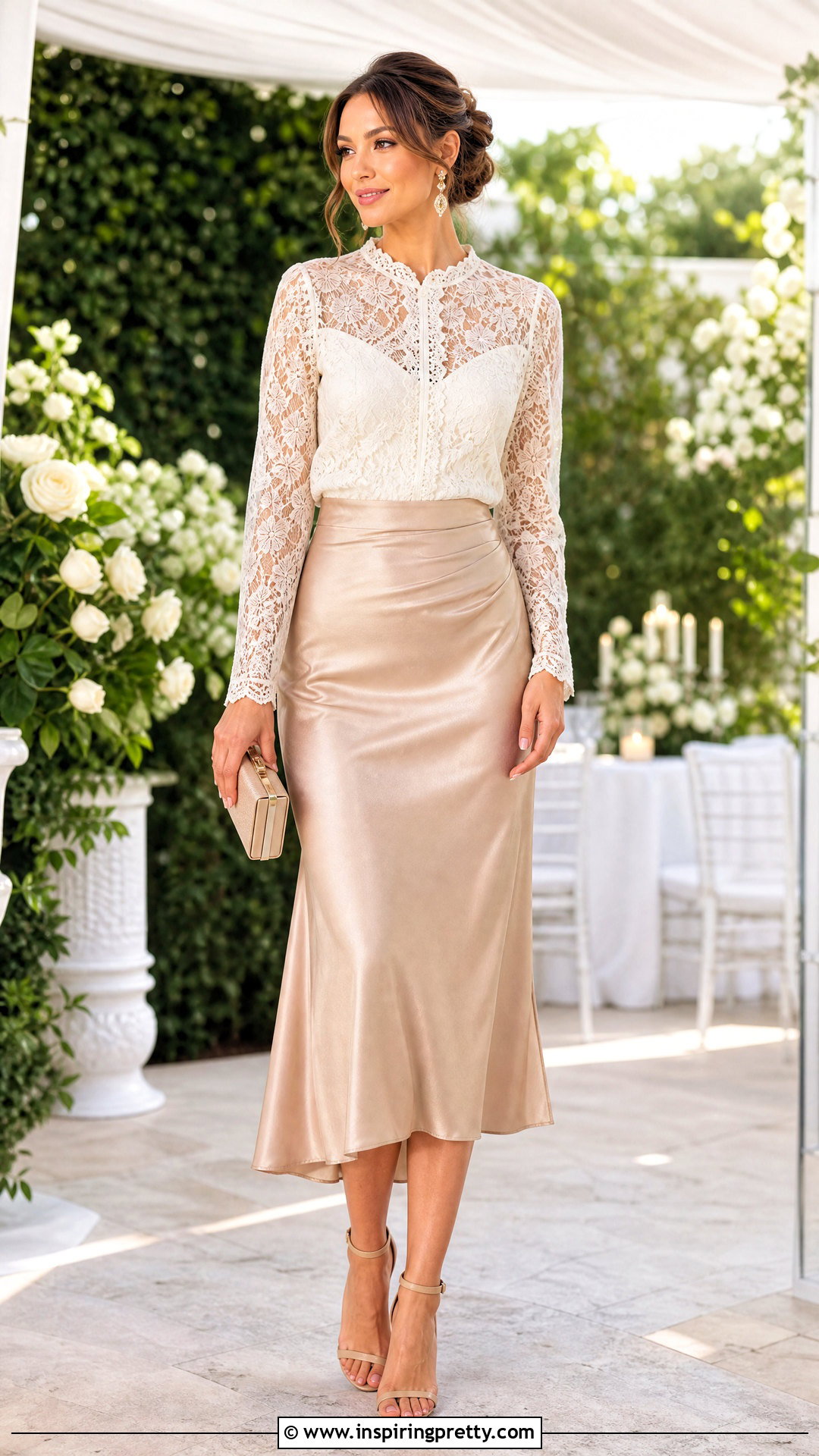 Champagne Satin Skirt And Lace Top Outfit - 50 satin skirt and top outfit ideas