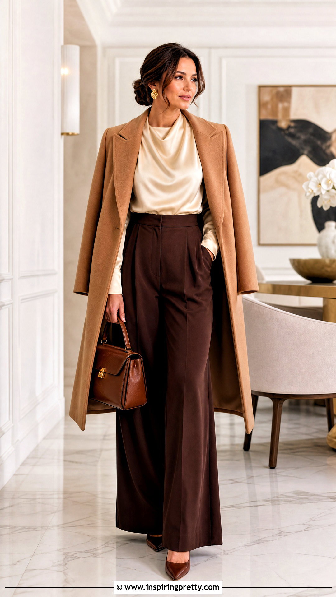 Champagne Satin Top With Brown Trousers - 25 shiny tops for women