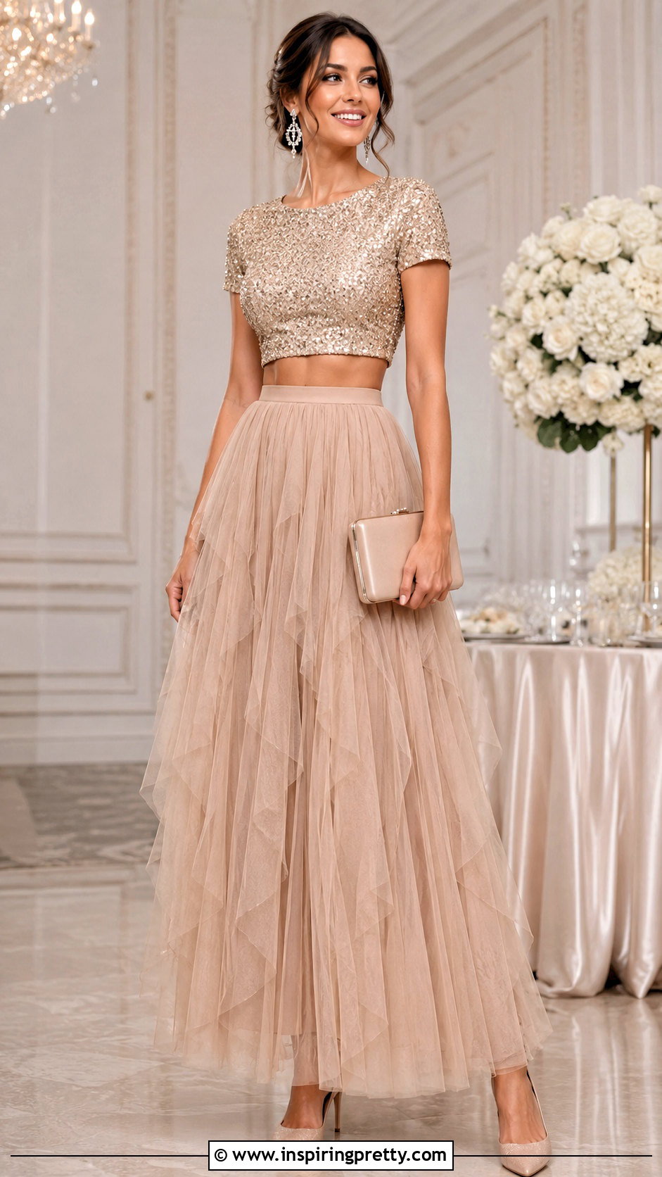 Champagne Sequin Crop Top Bridesmaid Dress - 25 Crop Top Bridesmaid Dress outfit ideas