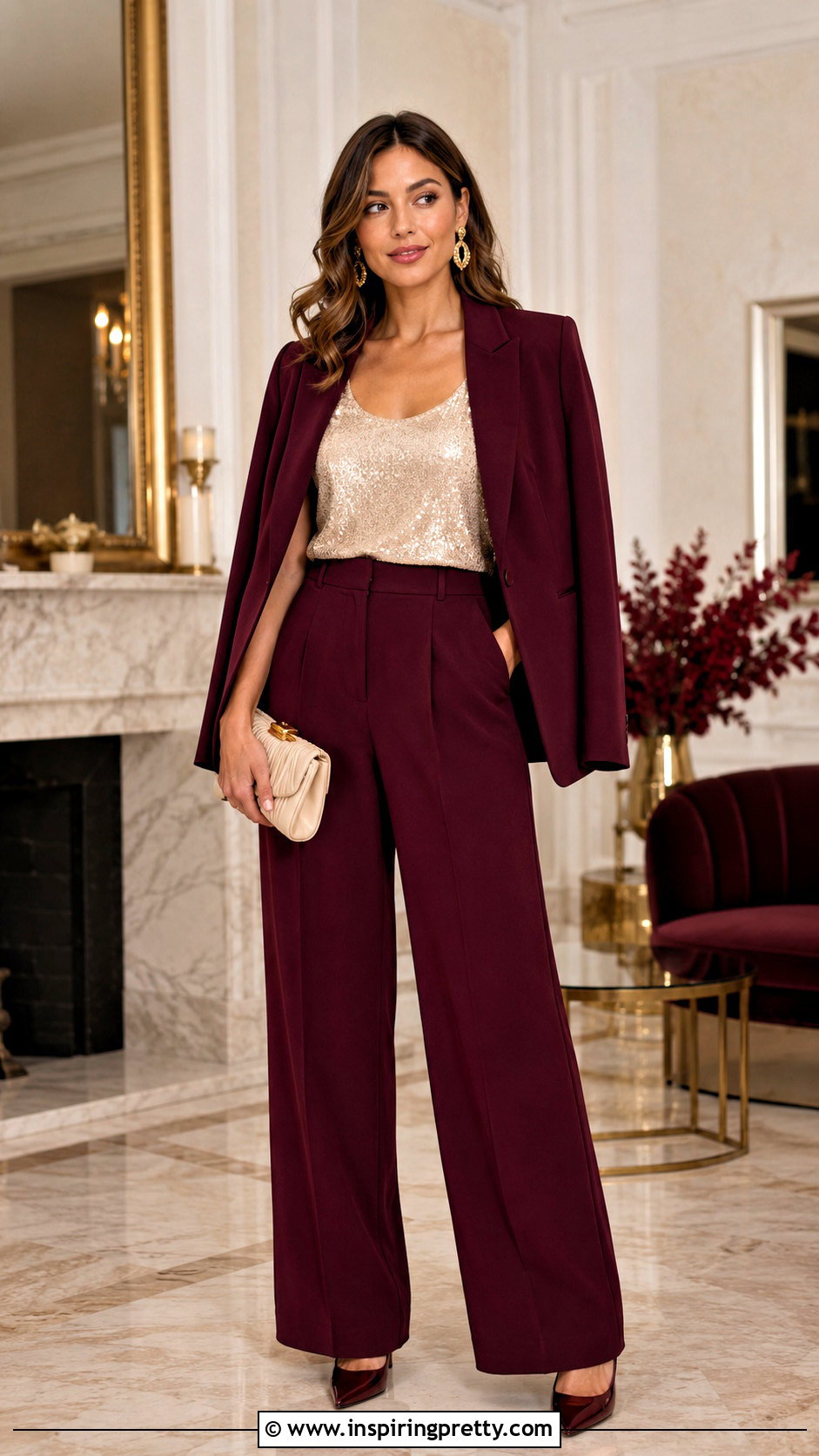 Champagne Sequin Top With Burgundy Pants - 50 sequin top outfit parties