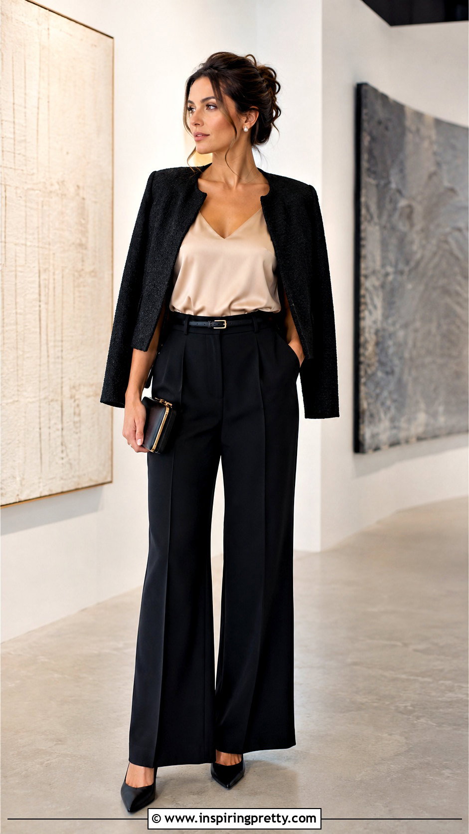 Champagne Zara Satin Camisole Top With Black Palazzo Pants - 20 zara satin camisole top outfit ideas