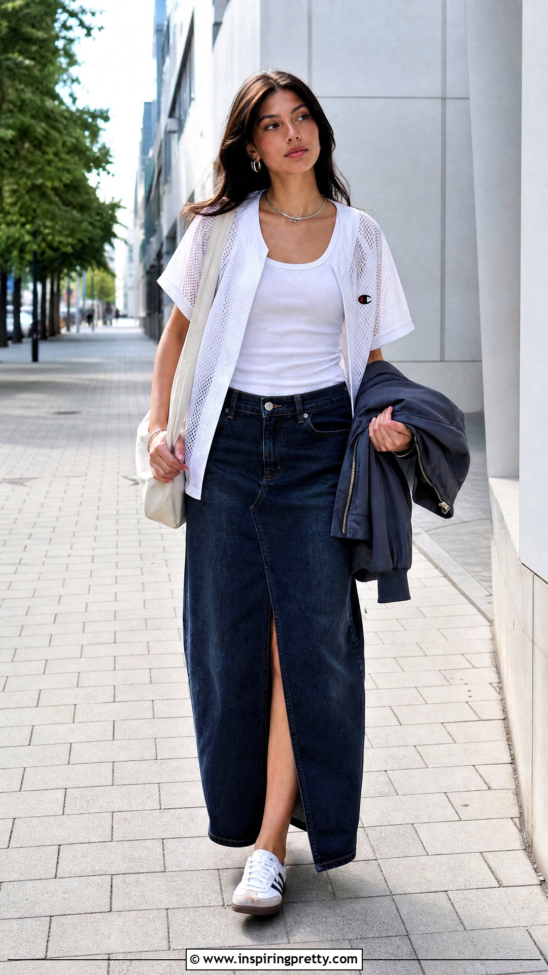 Champion Mesh Top With Denim Maxi Skirt - 20 Champion Mesh Top outfit ideas