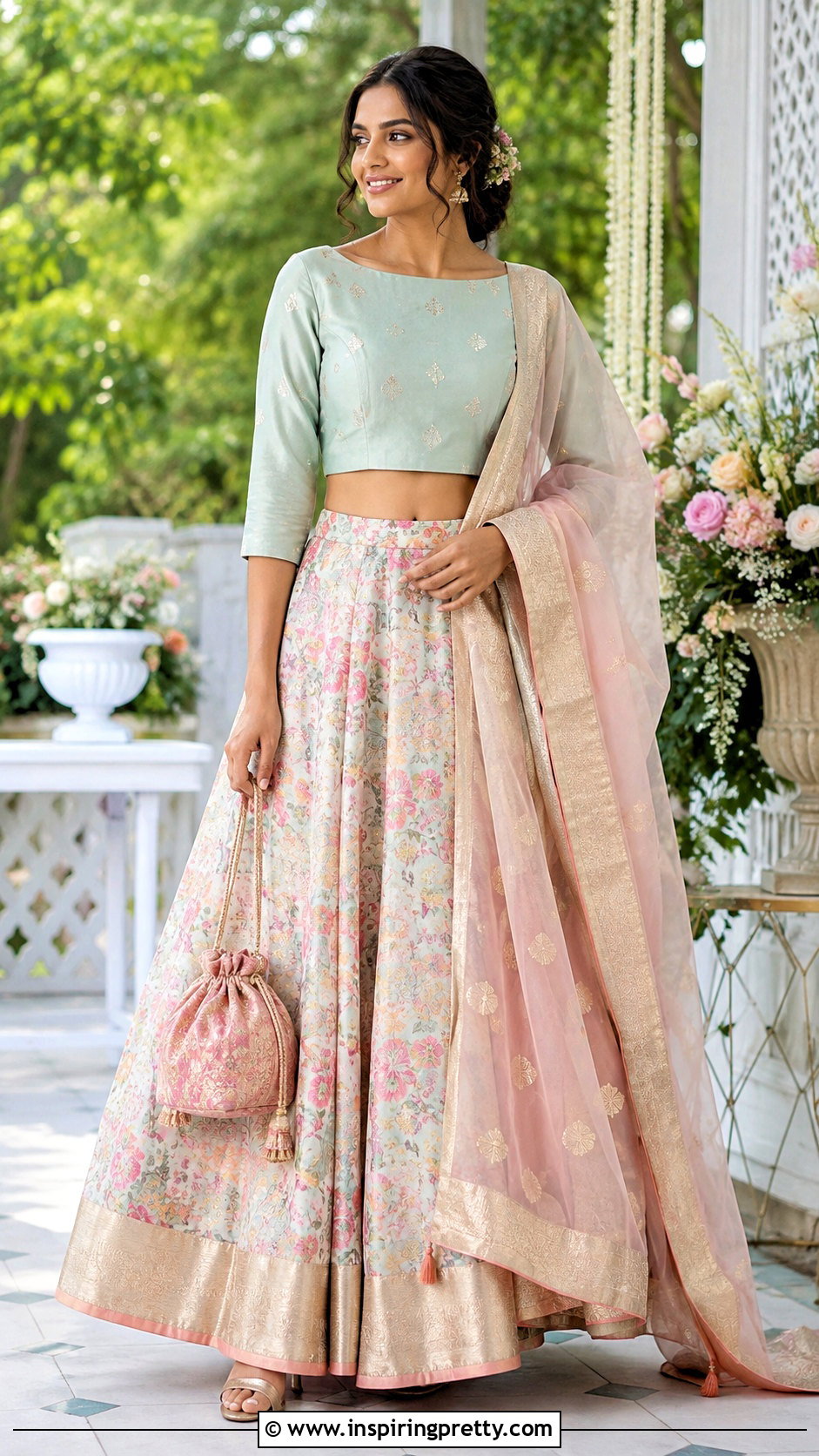 Chanderi Crop Top With Printed Lehenga - 50 traditional crop top designs