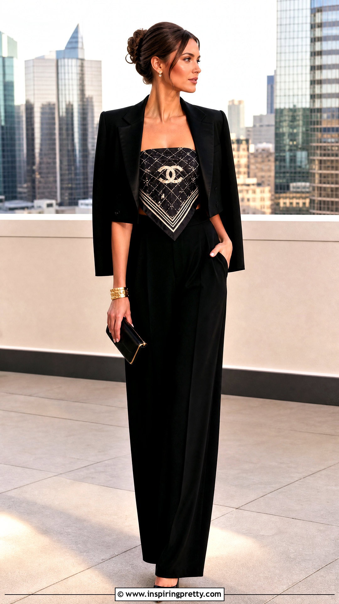Chanel Bandana Top With Black Wide Leg Pants - 20 chanel bandana top outfit ideas