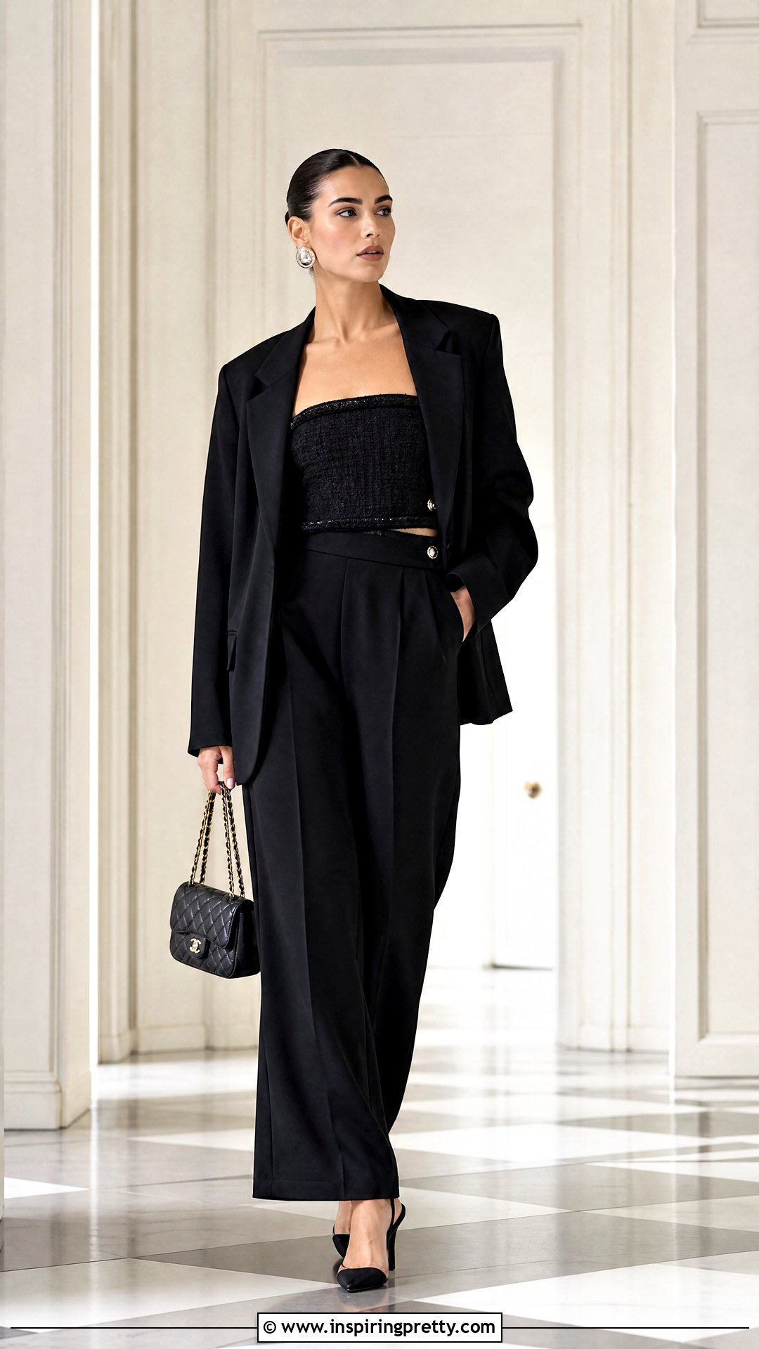 Chanel Bandeau Top With Black Wide Leg Pants - 20 chanel bandeau top outfit ideas
