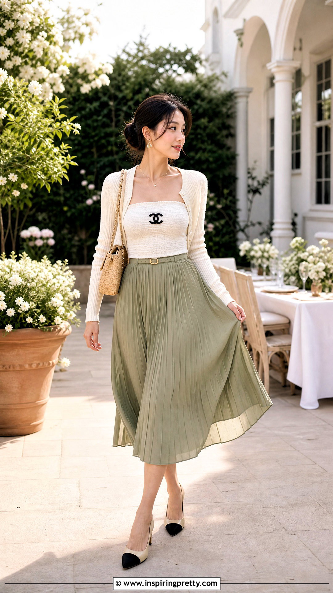 Chanel Bandeau Top With Pleated Midi Skirt - 20 chanel bandeau top outfit ideas
