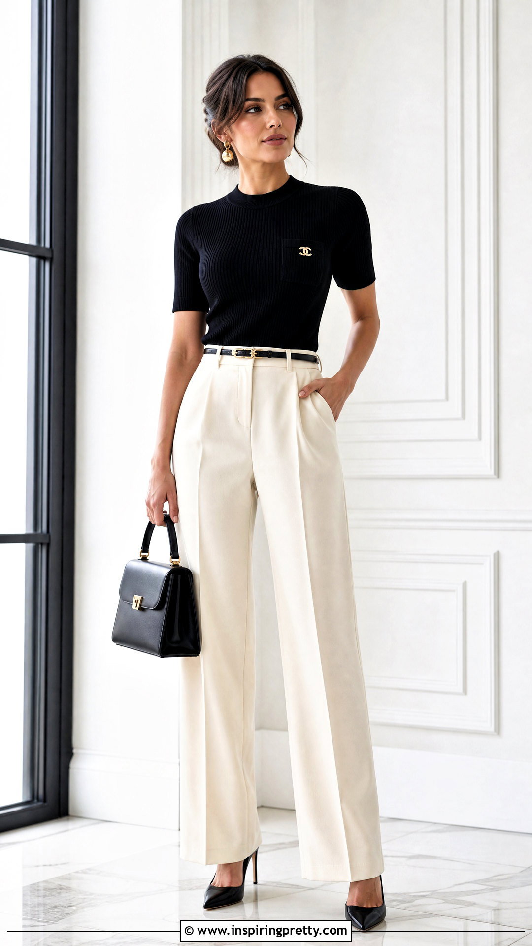 Chanel Black Top With Cream Trousers - 50 Chanel Top outfit ideas
