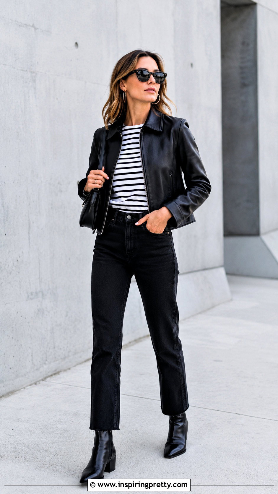 Chanel Breton Top With Leather Jacket And Black Jeans - 20 chanel breton top outfit ideas