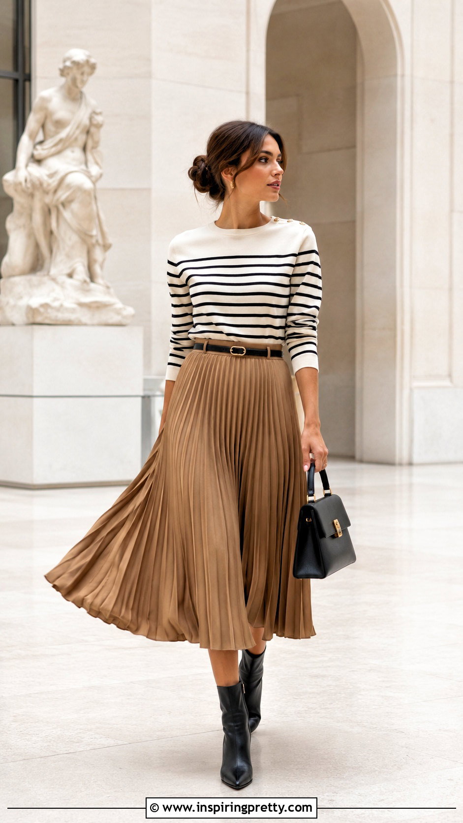 Chanel Breton Top With Pleated Midi Skirt And Ankle Boots - 20 chanel breton top outfit ideas