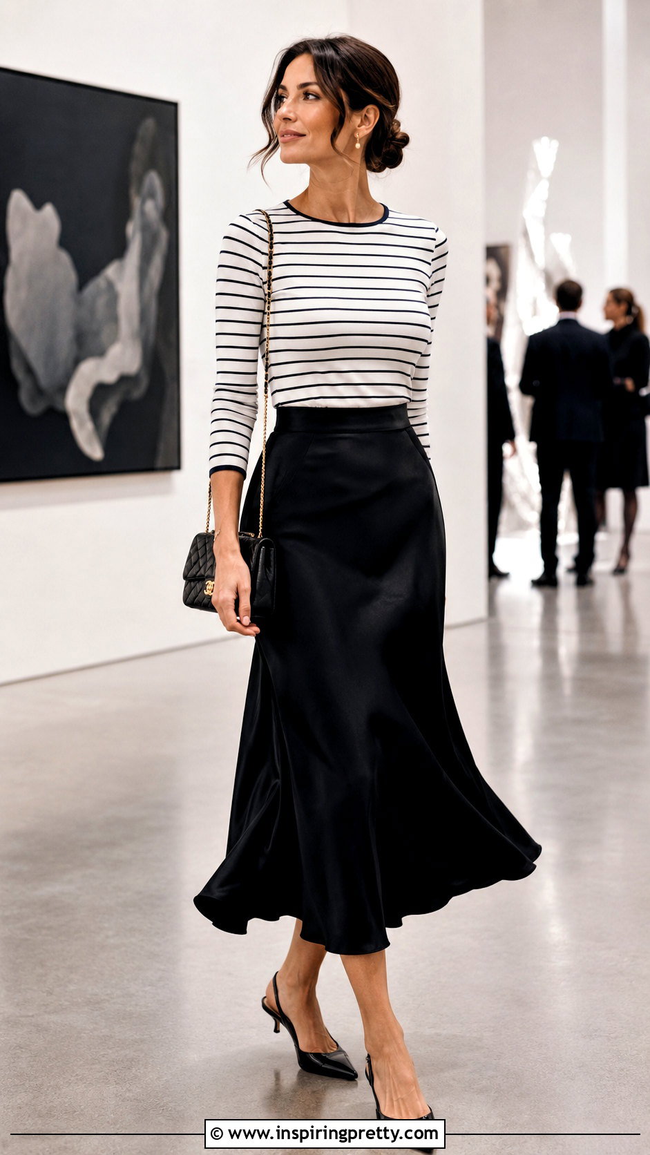 Chanel Breton Top With Satin Midi Skirt And Kitten Heels - 20 chanel breton top outfit ideas