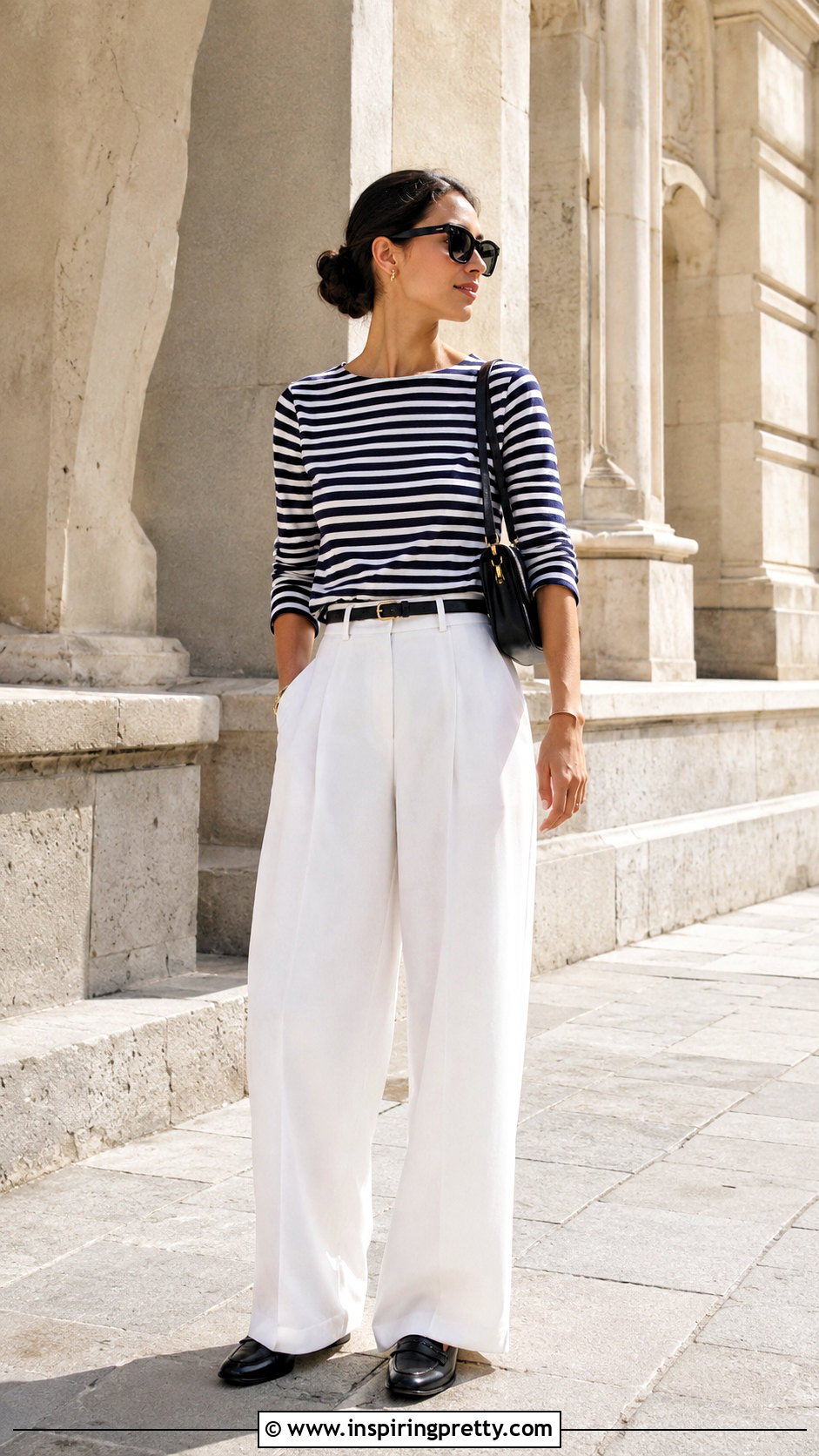 Chanel Breton Top With White Wide Leg Trousers And Loafers - 20 chanel breton top outfit ideas