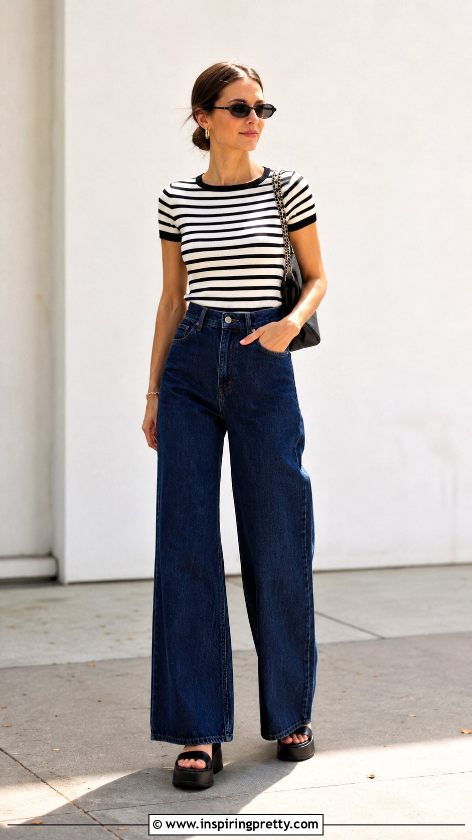 Chanel Breton Top With Wide Leg Jeans And Platform Sandals - 20 chanel breton top outfit ideas