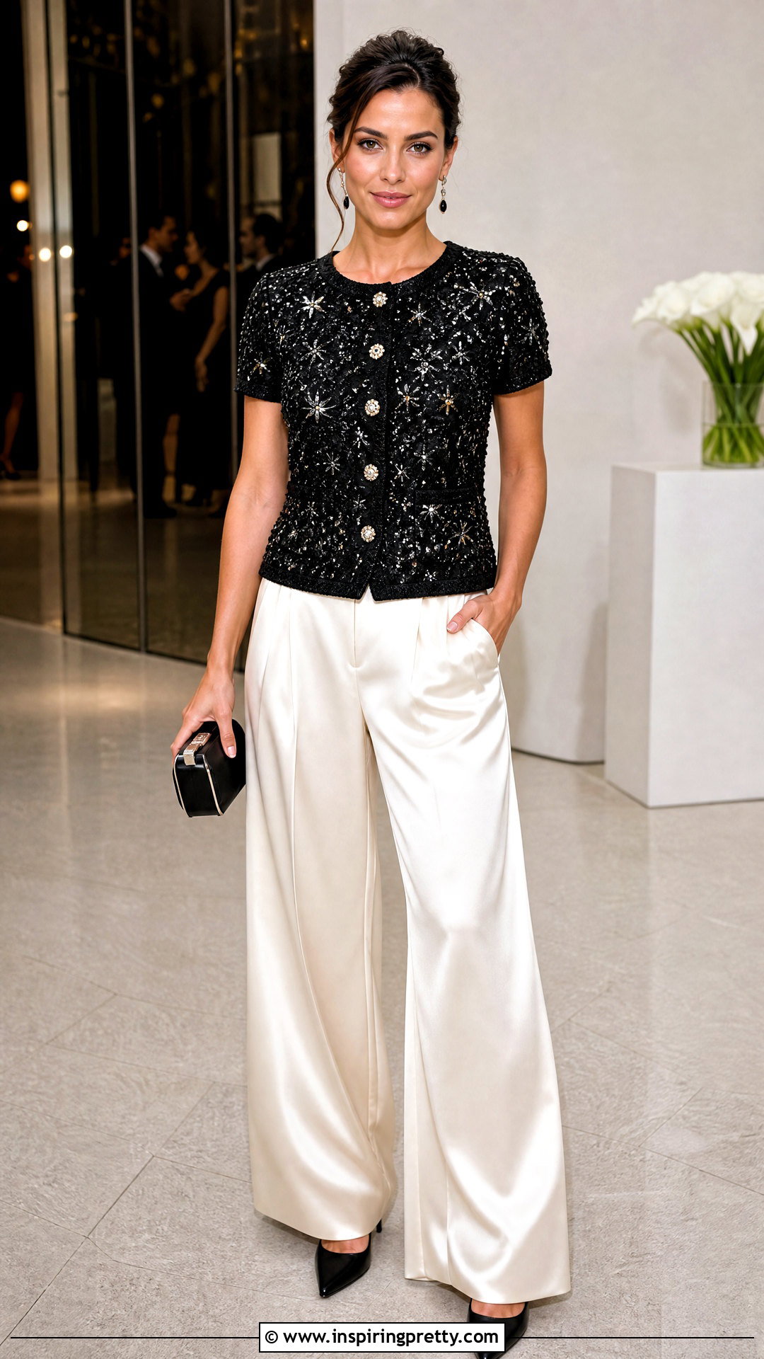 Chanel Embellished Top With Satin Pants - How To Style Chanel Tops (20 Ways)