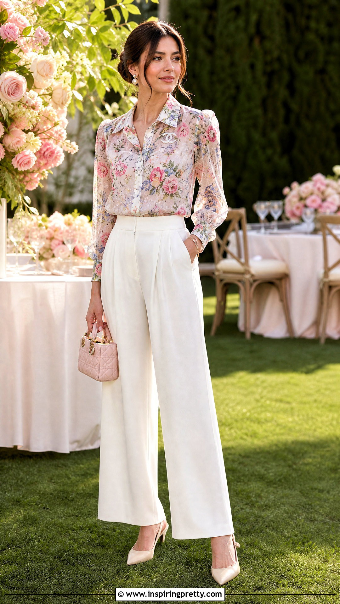 Chanel Floral Top With White Wide Leg Pants - 50 Chanel Top outfit ideas