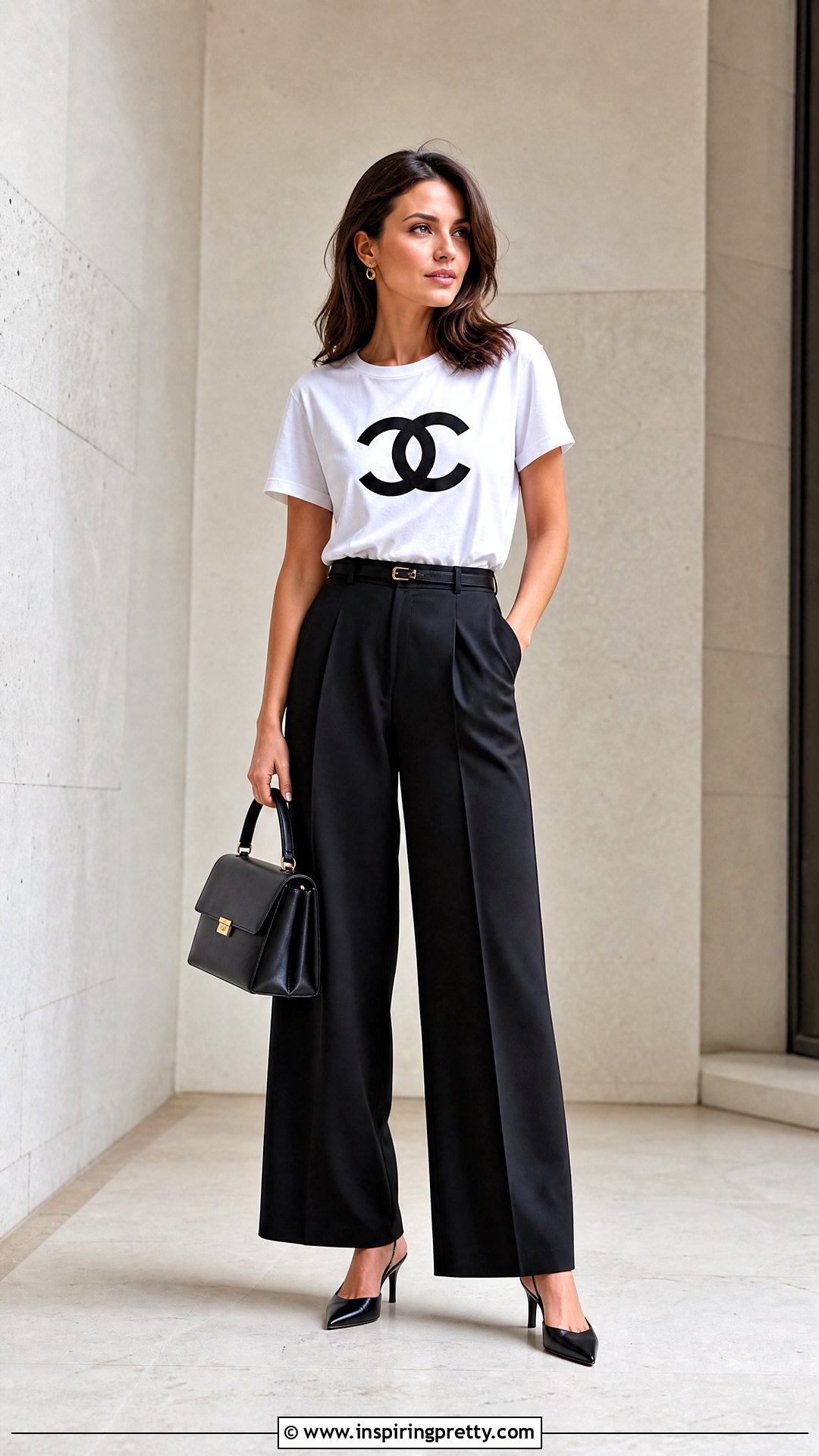 Chanel Logo T Shirt With Wide Leg Trousers - 50 Chanel Top outfit ideas