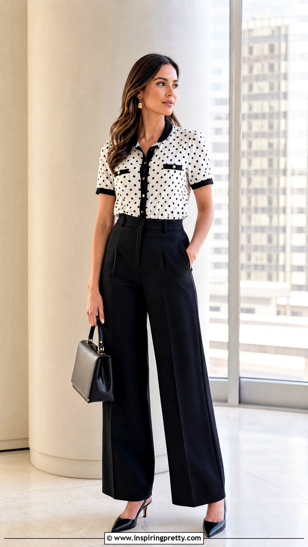 Chanel Polka Dot Top With Black Wide Leg Pants - 25 Chanel Polka Dot Top outfit ideas