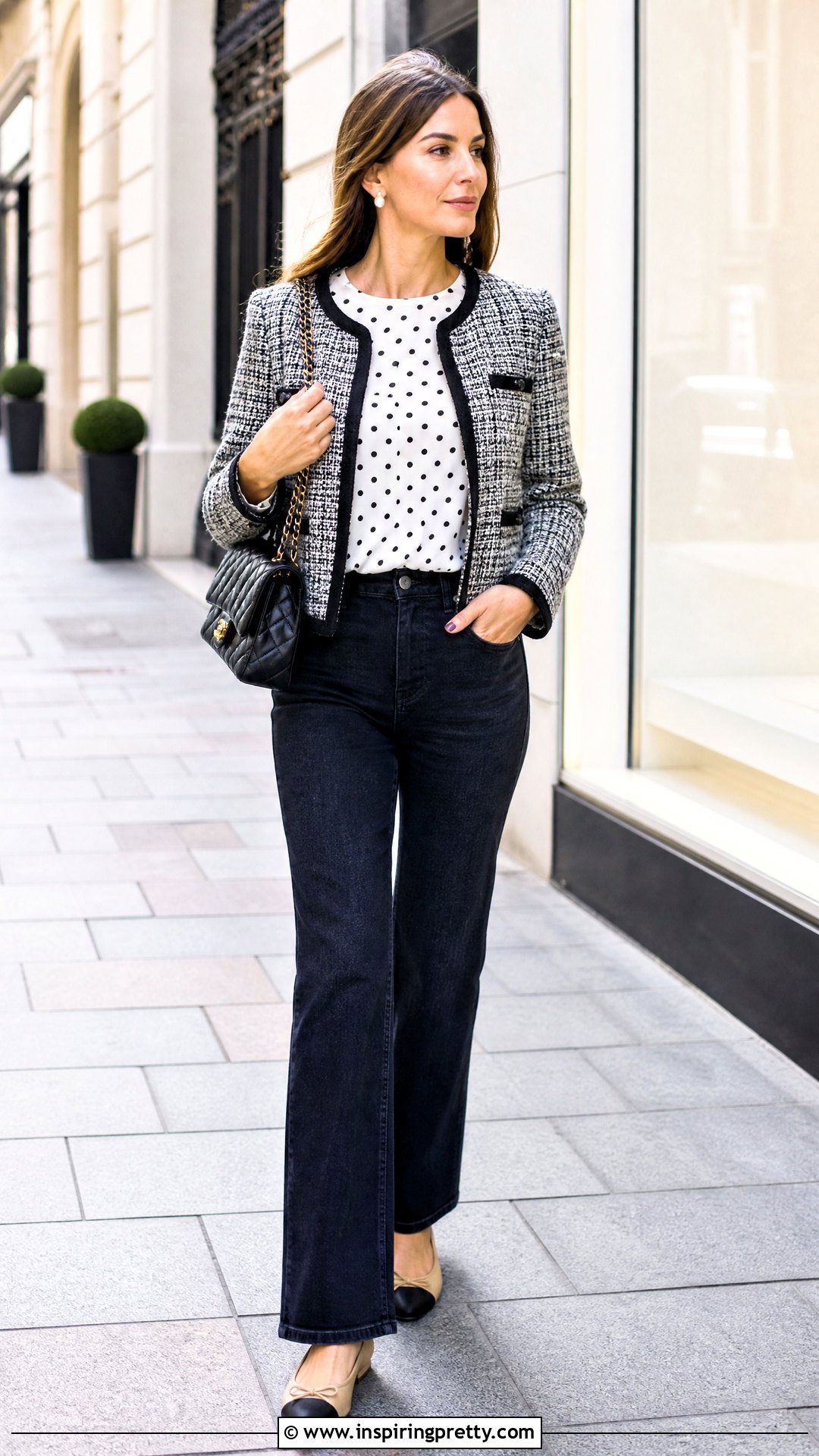 Chanel Polka Dot Top With Tweed Jacket - 25 Chanel Polka Dot Top outfit ideas
