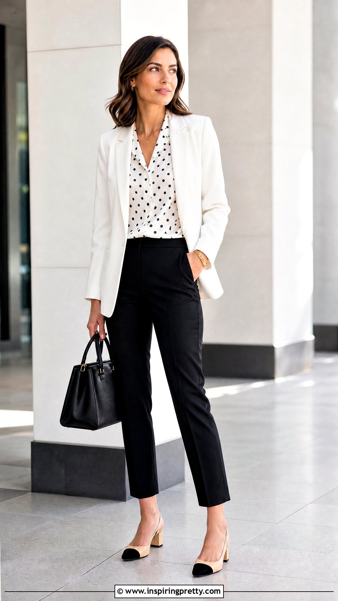 Chanel Polka Dot Top With White Blazer - 25 Chanel Polka Dot Top outfit ideas
