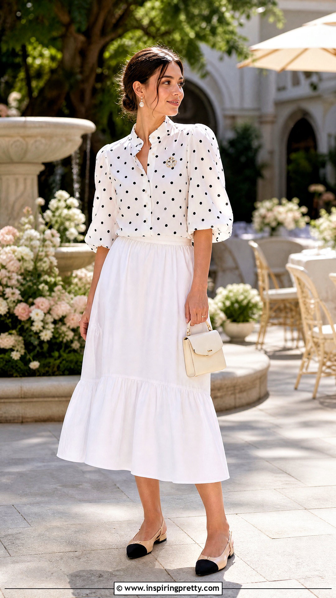 Chanel Polka Dot Top With White Midi Skirt - 25 Chanel Polka Dot Top outfit ideas