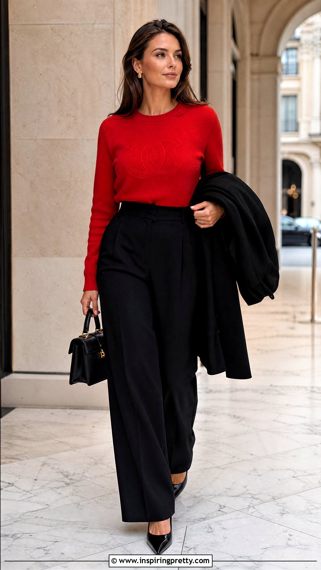 Chanel Red Top With Black Wide Leg Pants - 50 Chanel Top outfit ideas