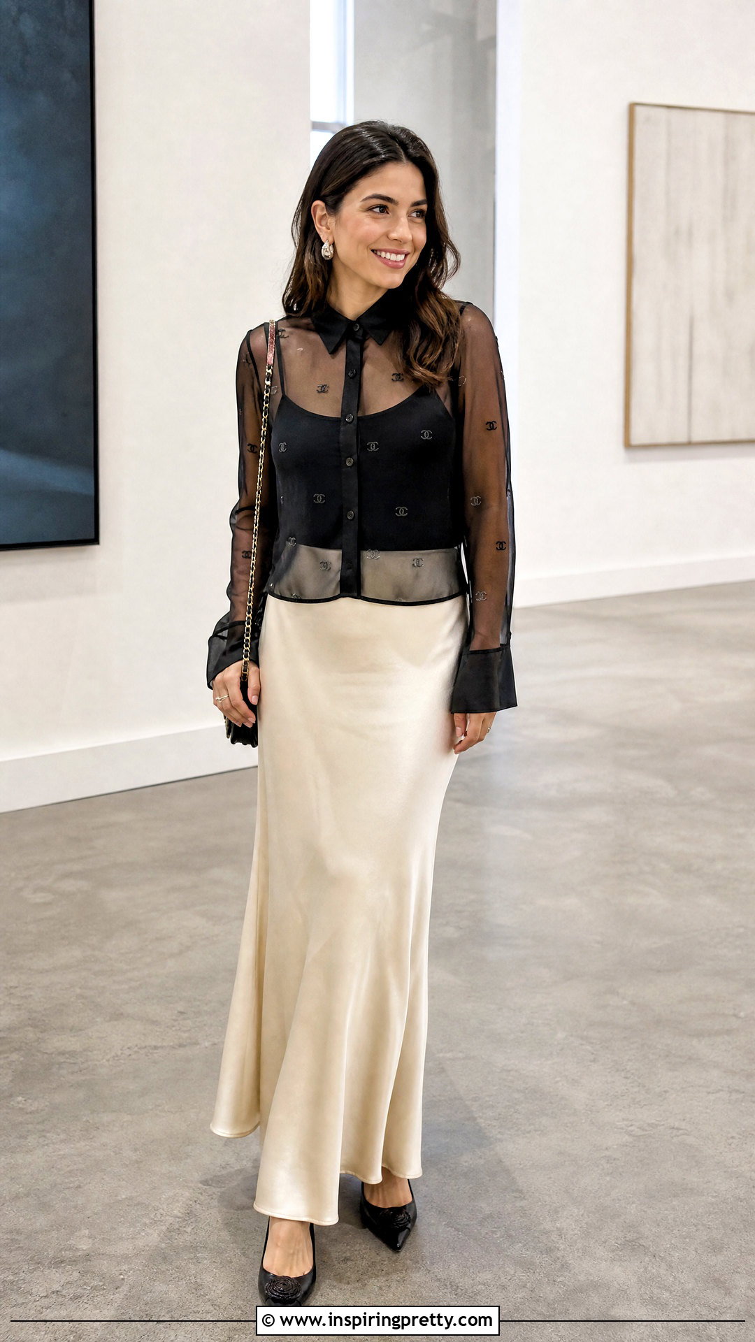 Chanel Sheer Blouse With A Camisole And Maxi Skirt - How To Style Chanel Tops (20 Ways)