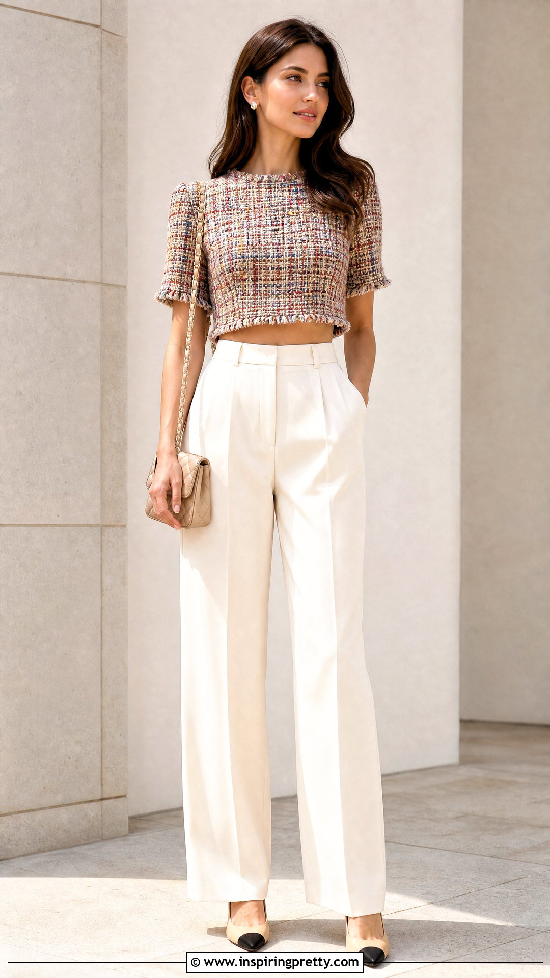 Chanel Tweed Crop Top With Wide Leg Pants - How To Style Chanel Tops (20 Ways)