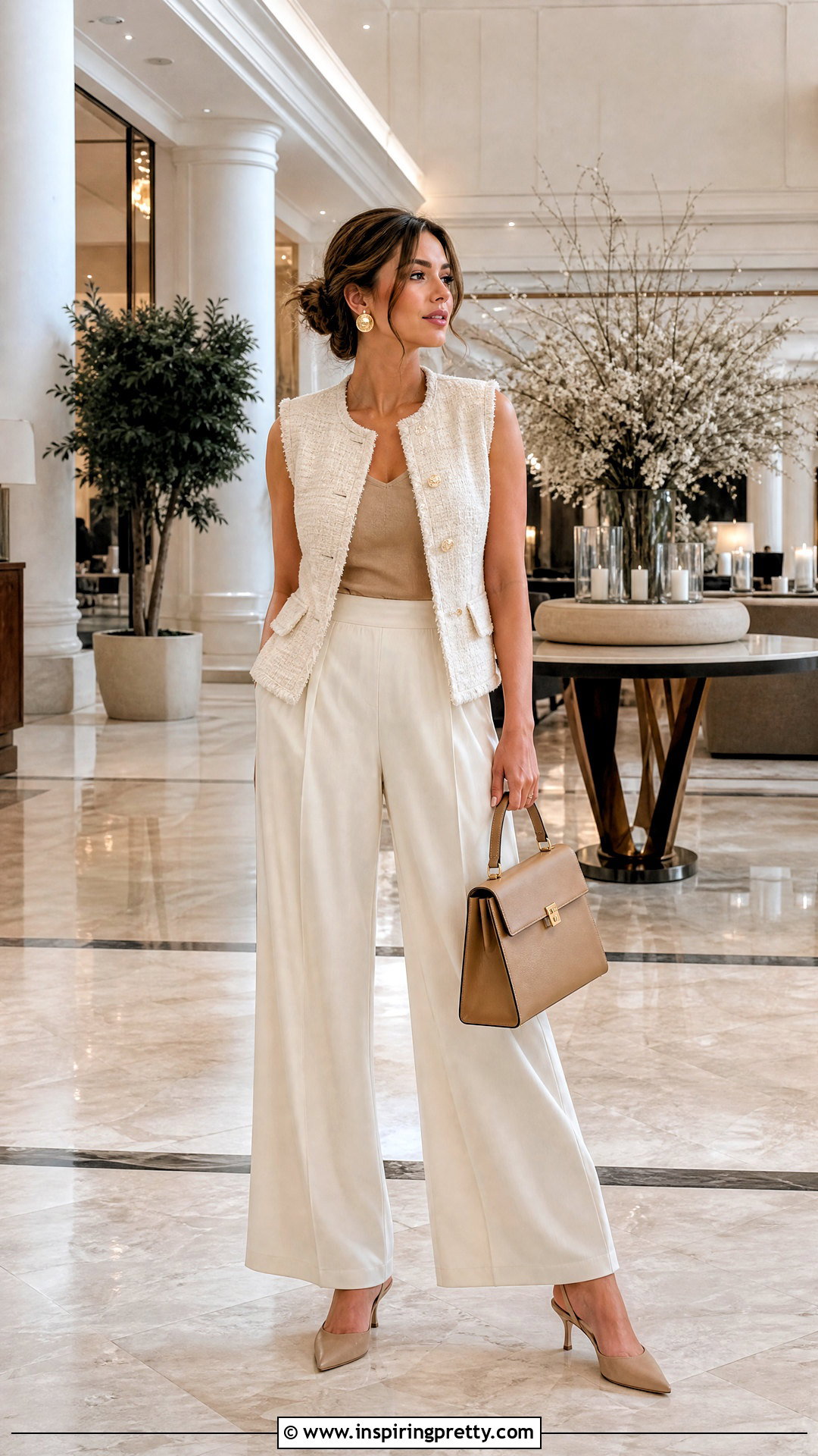 Chanel Vest Top With Cream Trousers And Neutral Accessories - 25 chanel vest top outfit ideas