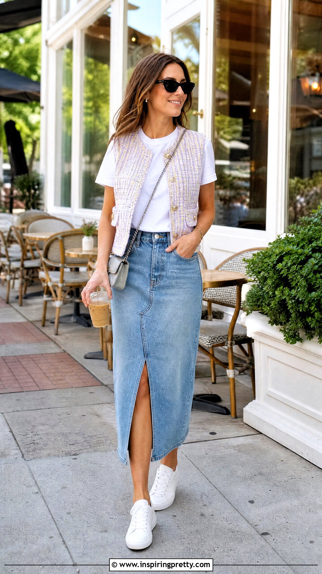 Chanel Vest Top With Denim Midi Skirt And Sneakers - 25 chanel vest top outfit ideas