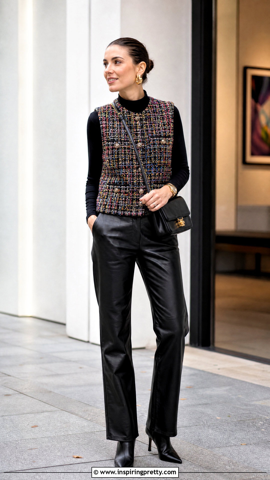 Chanel Vest Top With Leather Pants And Ankle Boots - 25 chanel vest top outfit ideas